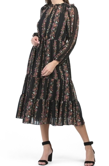 Julia Jordan Black multi Tiered Striped Chiffon Dress - Picture 1 of 10